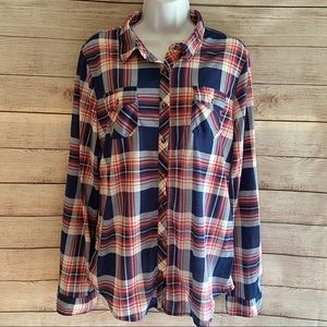 Passport Brand New Red, Navy & White Plaid Long Sleeve top, Size XL